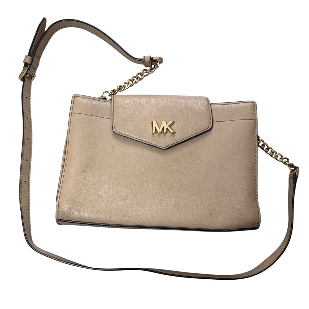 Michael Kors Beige Pebble Leather Crossbody Bag Gold MK Logo Chain Strap‎